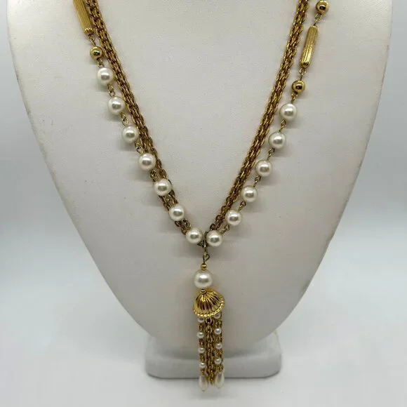 Vintage Faux Pearl Necklace Triple Strand Gold-Tone Chain Tassel Pendant 1970s - Picture 2 of 13